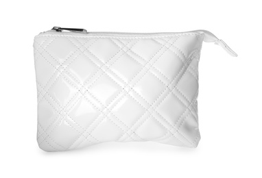 Photo of Elegant leather cosmetic bag isolated on white