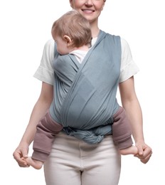 Mother holding her child in baby wrap on white background, closeup