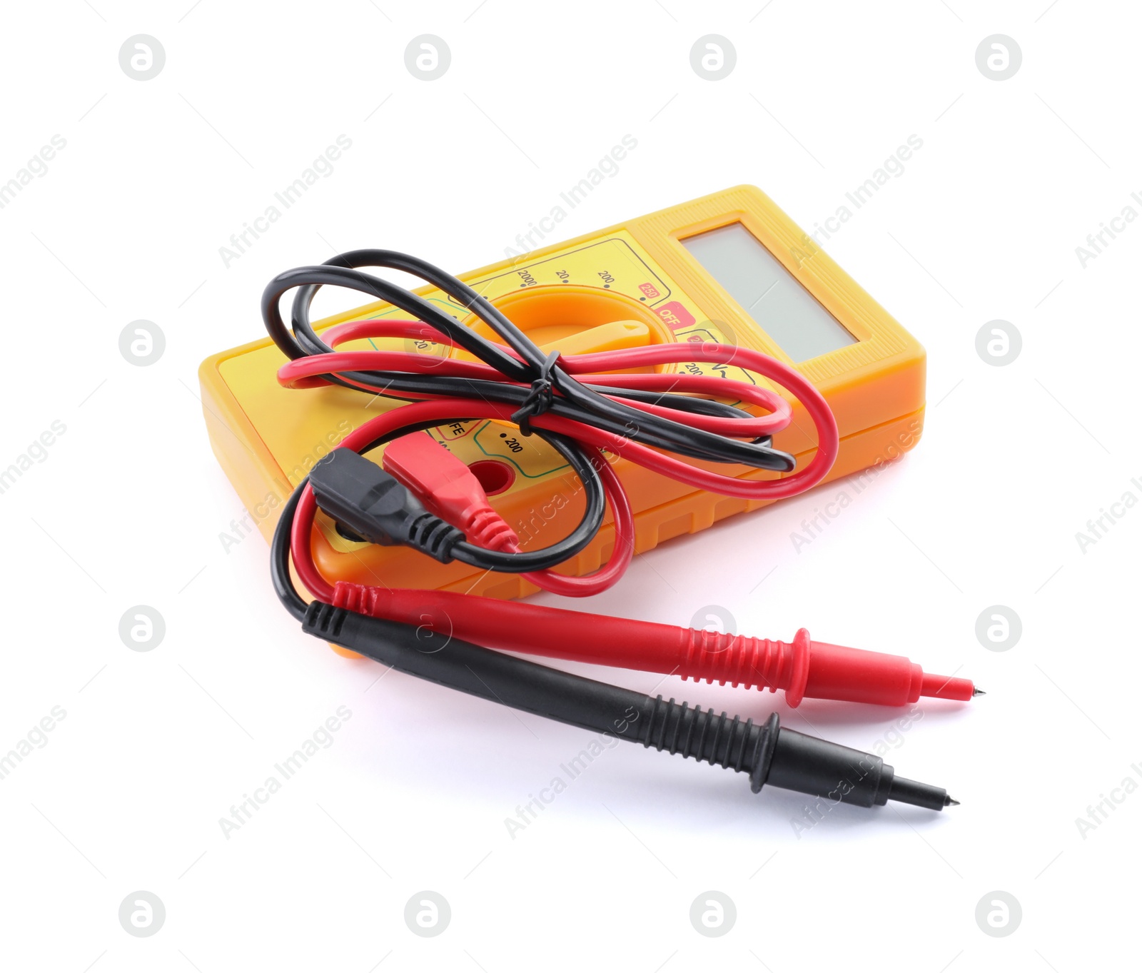 Photo of Digital multimeter on white background. Electrician's tool