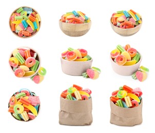 Collage with bowls and paper bag of tasty jelly candies on white background, different sides