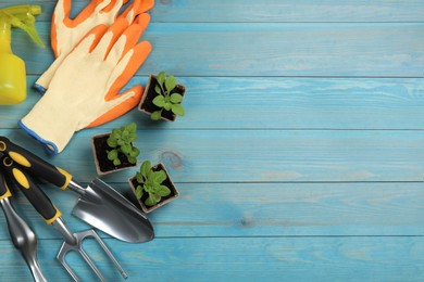 Photo of Flat lay composition with gardening tools and green plants on light blue wooden background, space for text