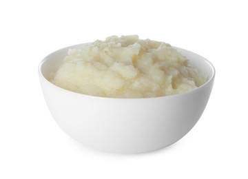 Photo of Bowl with tasty puree on white background