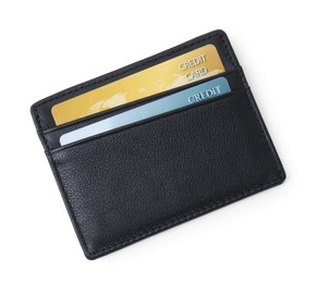 Photo of Black card holder with plastic credit cards isolated on white, top view