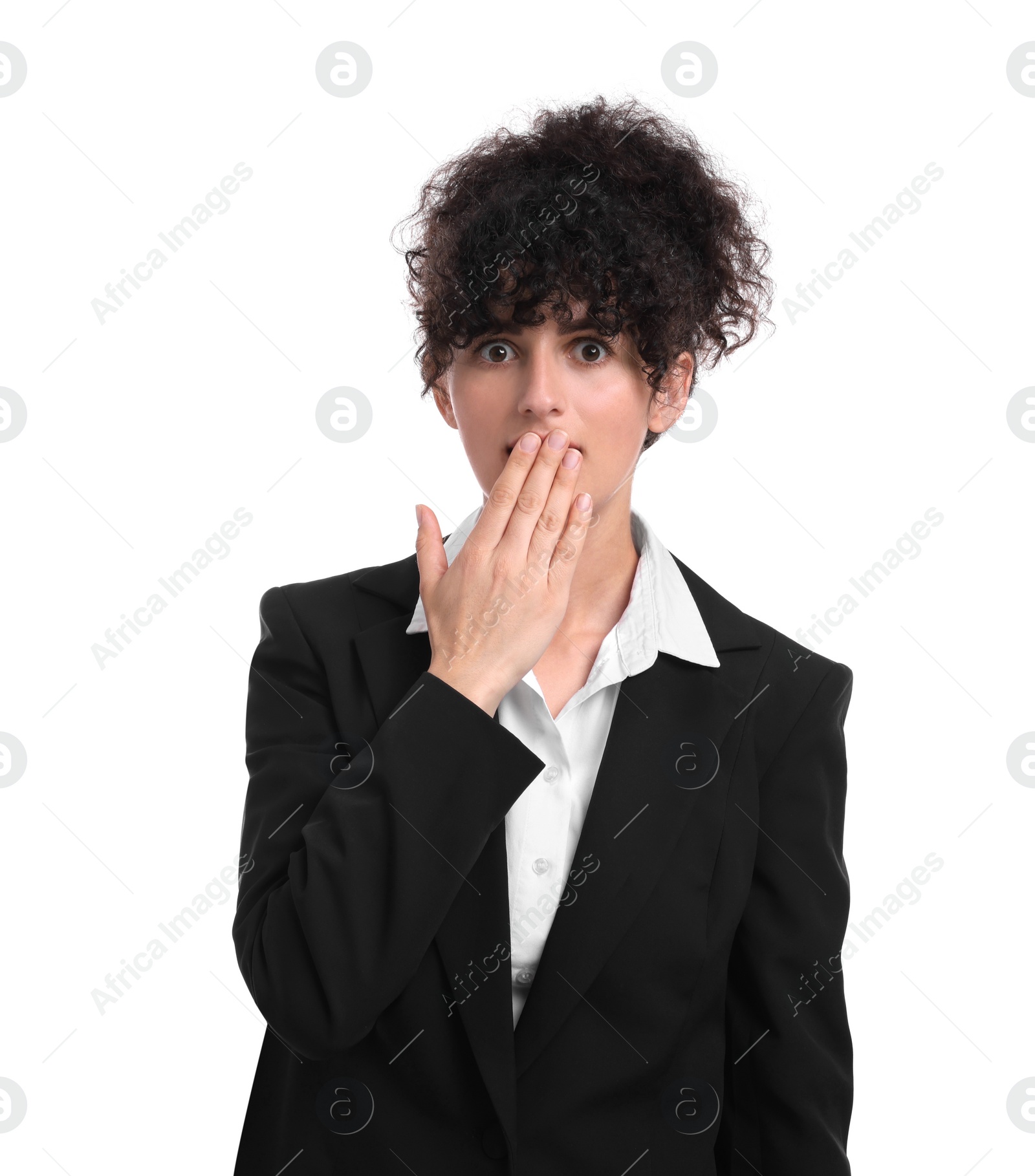 Photo of Beautiful emotional businesswoman in suit on white background