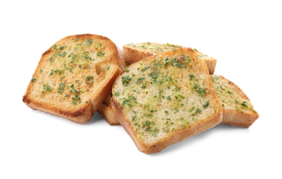 Photo of Slices of toasted bread with garlic and herbs on white background