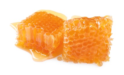 Photo of Natural honeycombs with tasty honey isolated on white