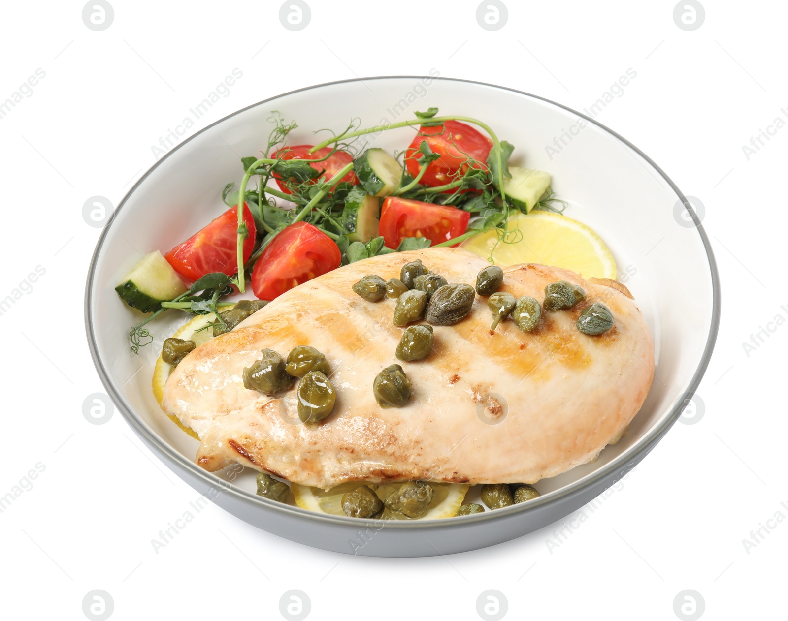 Photo of Delicious cooked chicken fillet with capers and salad on white background