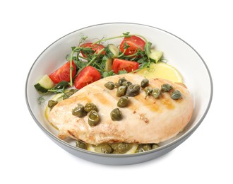 Delicious cooked chicken fillet with capers and salad on white background