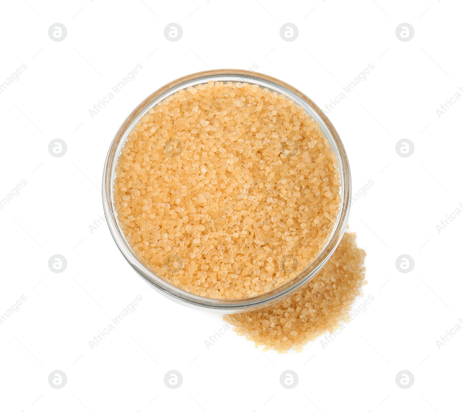 Photo of Brown sugar in glass bowl isolated on white, top view