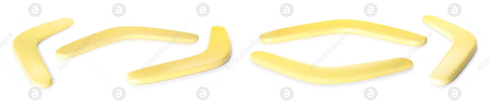 Image of Set with yellow boomerangs on white background. Banner design