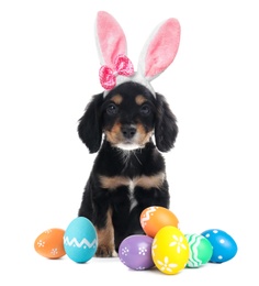 Image of Colorful Easter eggs and cute dog with bunny ears headband on white background