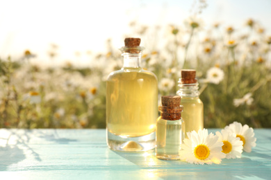 Photo of Bottles of chamomile essential oil on light blue wooden table in field