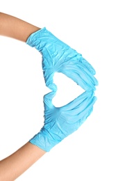 Photo of Doctor making heart shape with hands in medical gloves on white background