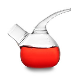 Glass retort flask with red liquid sample isolated on white. Laboratory analysis