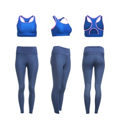 Comfortable sportswear. Collage with blue leggings and sports bra on white background, different sides