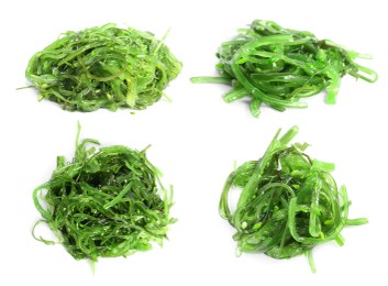 Image of Japanese seaweed salad on white background, collage