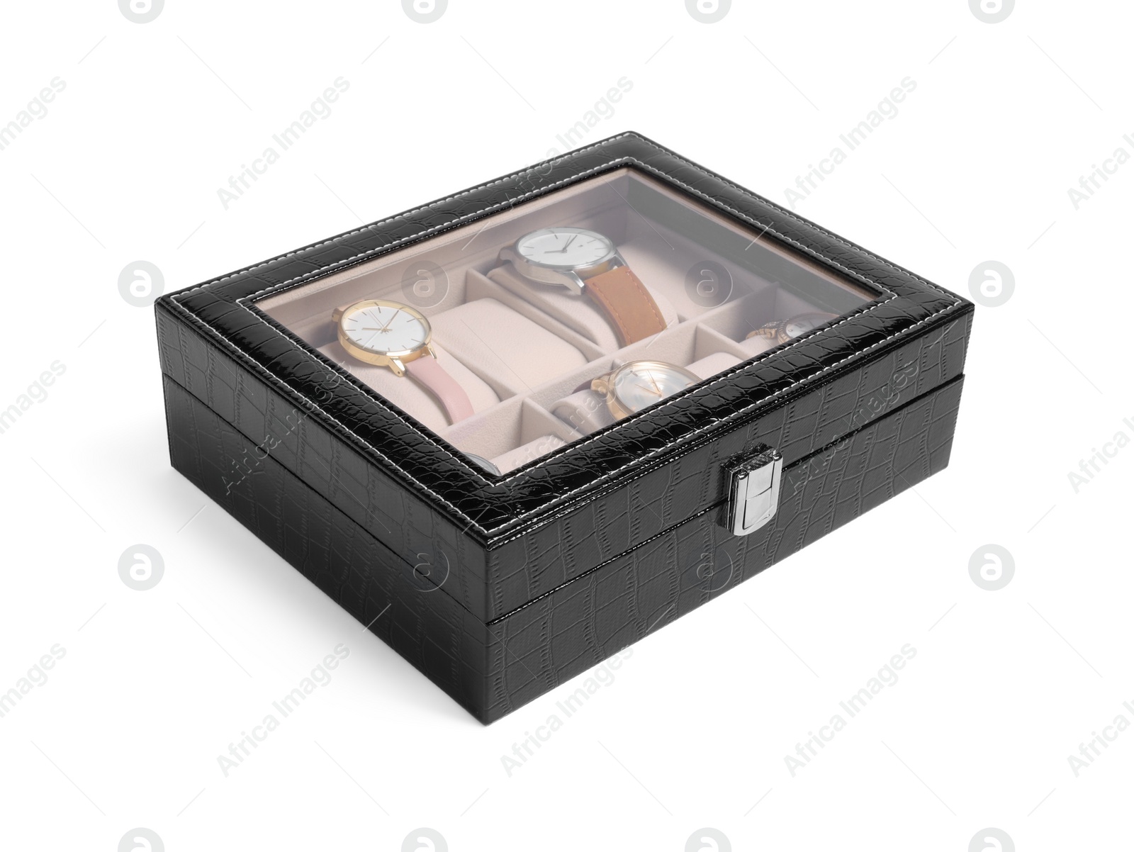 Photo of Black jewelry box with different wristwatches isolated on white