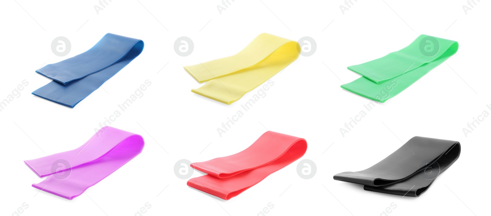 Image of Set of different fitness elastic bands on white background, banner design