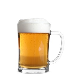 Photo of Glass mug with cold tasty beer on white background