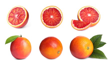 Image of Set with ripe red oranges on white background. Banner design