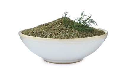 Photo of Bowl with aromatic dry dill on white background