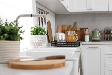 Photo of Different potted artificial plants on countertop in kitchen. Home decor