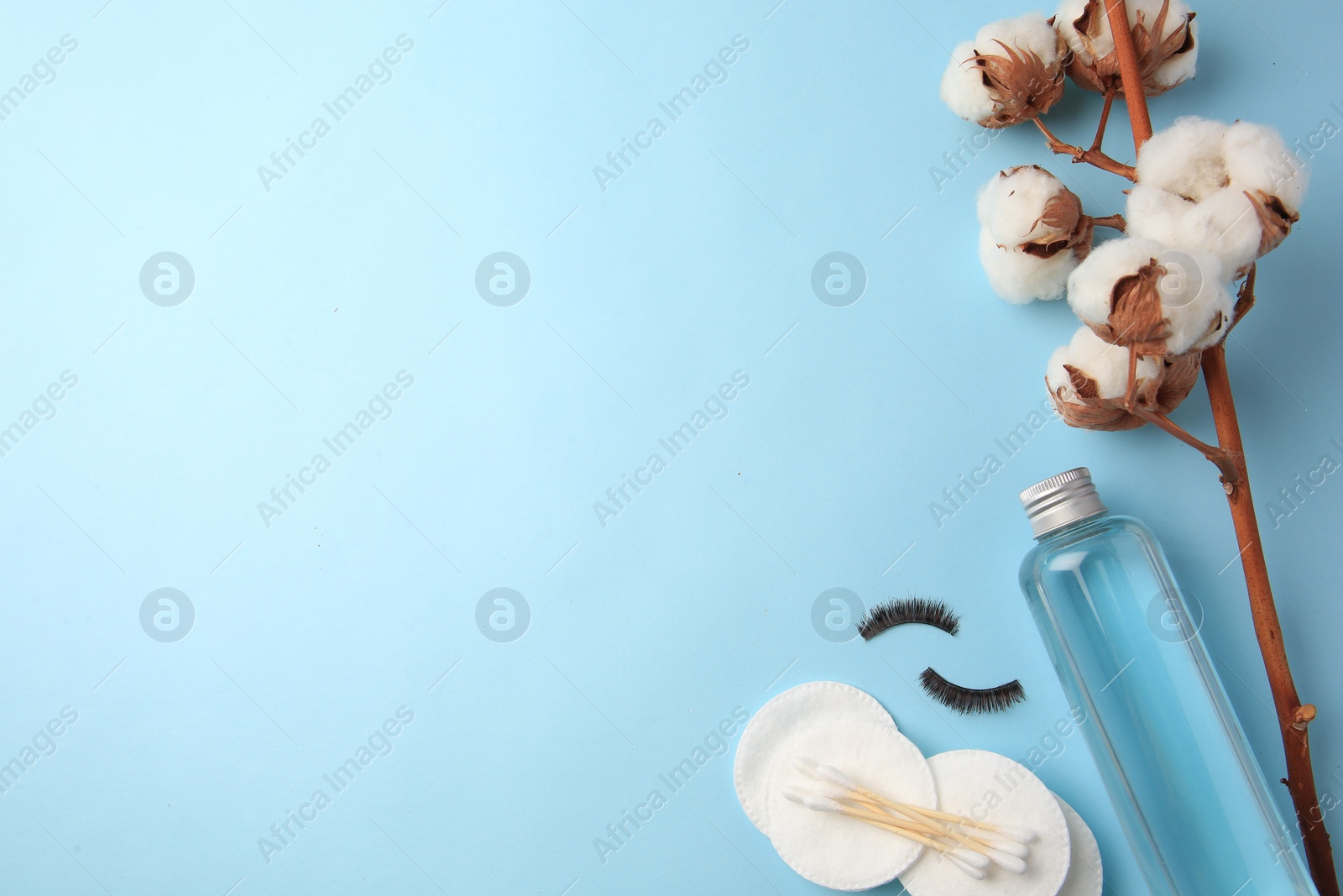 Photo of Bottle of makeup remover, cotton flowers, pads, swabs and false eyelashes on light blue background, flat lay. Space for text