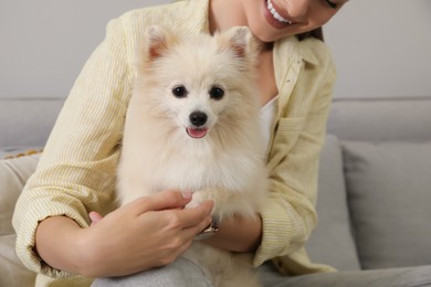 Happy young woman with cute dog on sofa in living room, closeup