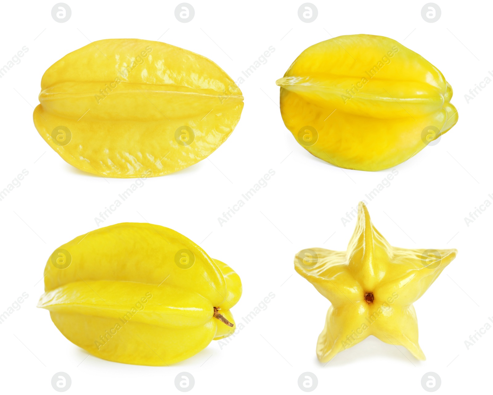 Image of Set with delicious ripe carambola fruits on white background 