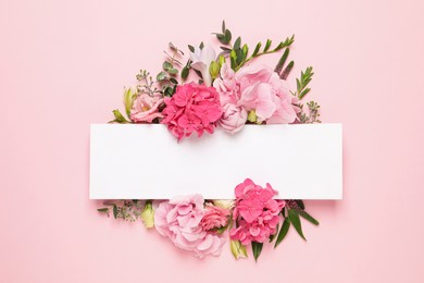 Photo of Beautiful composition with hortensia flowers and blank card on pink background, top view. Space for text