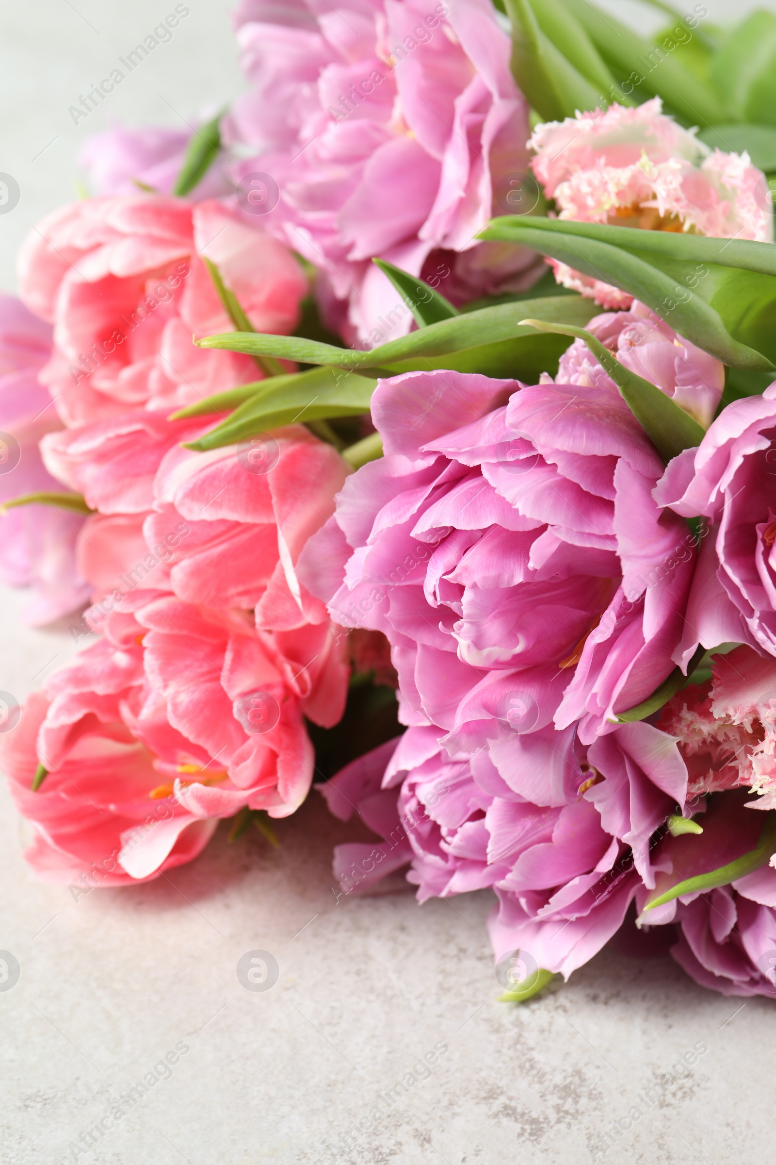 Photo of Beautiful bouquet of colorful tulip flowers on light table, closeup