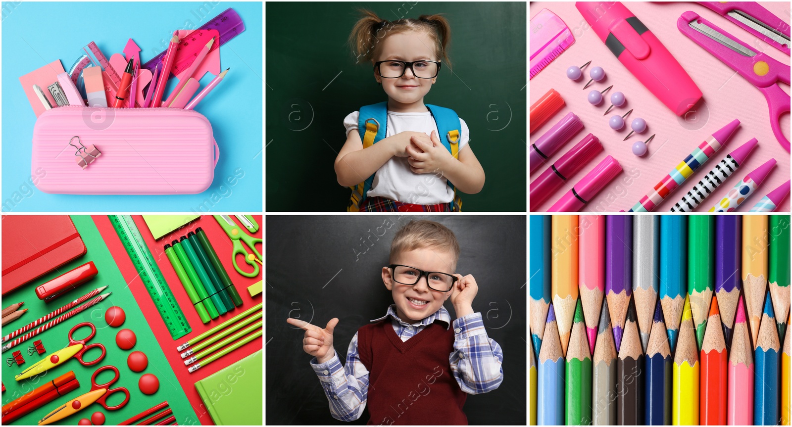 Image of Collage with photos of cute children and different stationery. Back to school