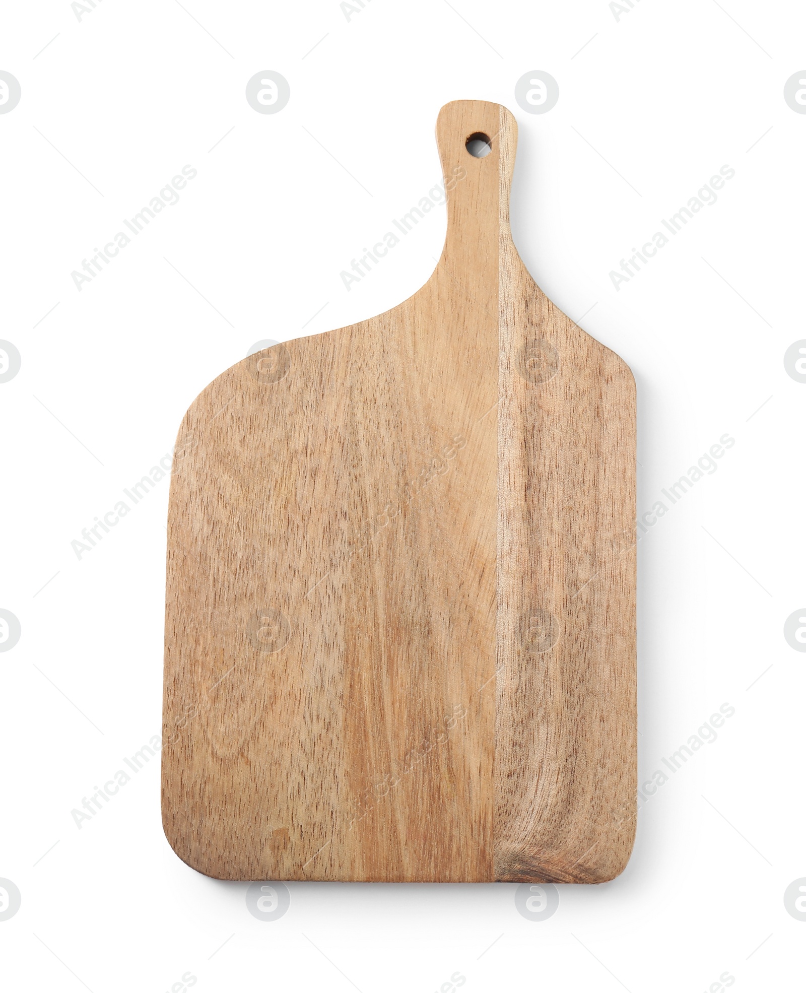 Photo of One wooden cutting board on white background, top view