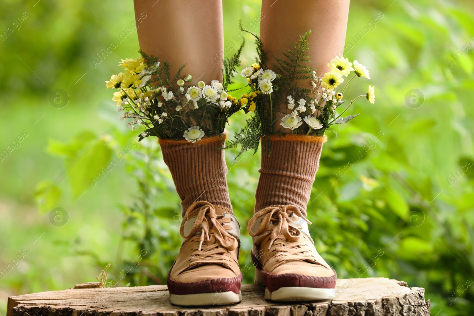 Photo of Woman standing on stump with flowers in socks outdoors, closeup