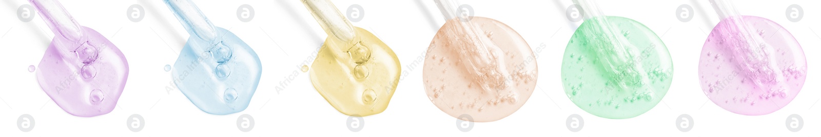 Image of Droppers with serum on white background, top view. Skin care product