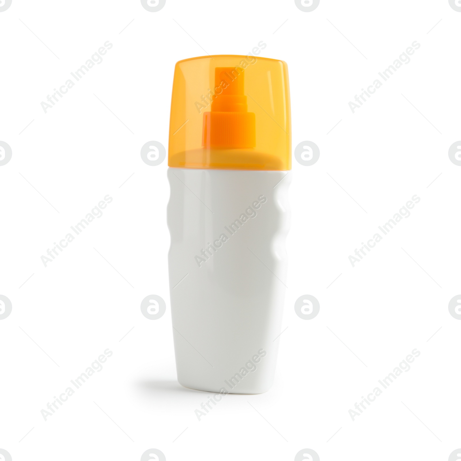 Photo of Bottle with sun protection body cream on white background