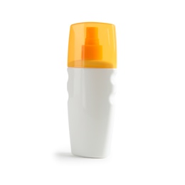 Bottle with sun protection body cream on white background