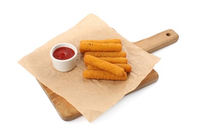 Tasty cheese sticks with ketchup isolated on white