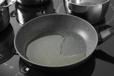 Frying pan with cooking oil on induction stove