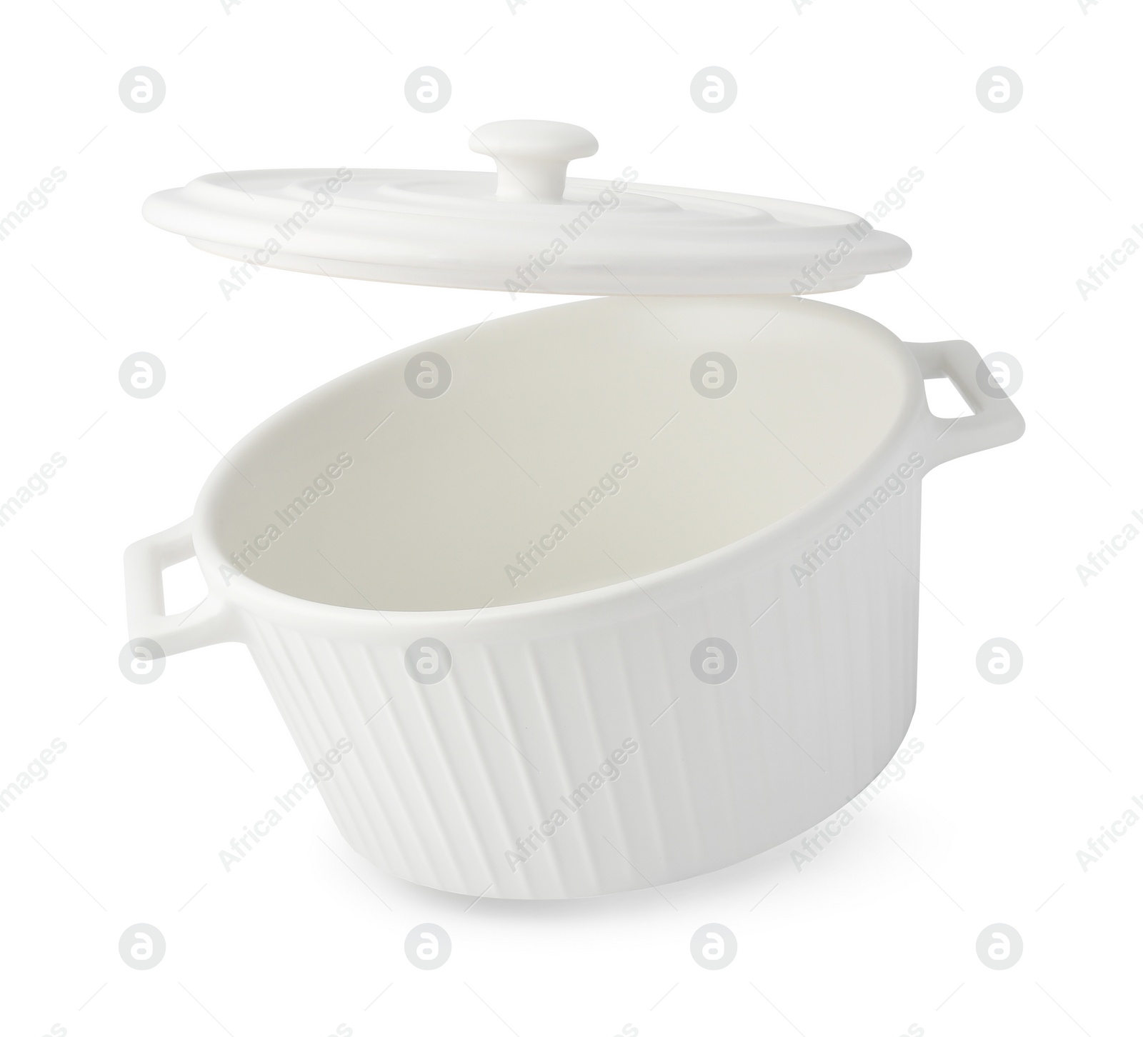 Photo of One empty ceramic pot with lid isolated on white