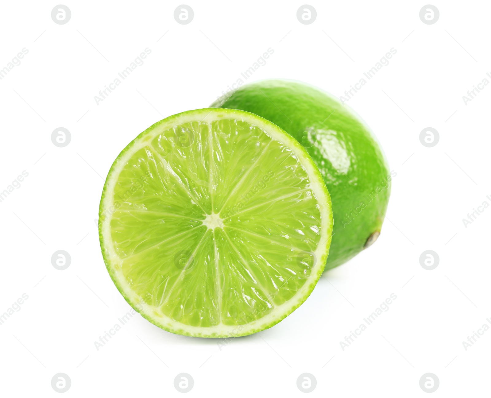 Photo of Fresh ripe green limes on white background