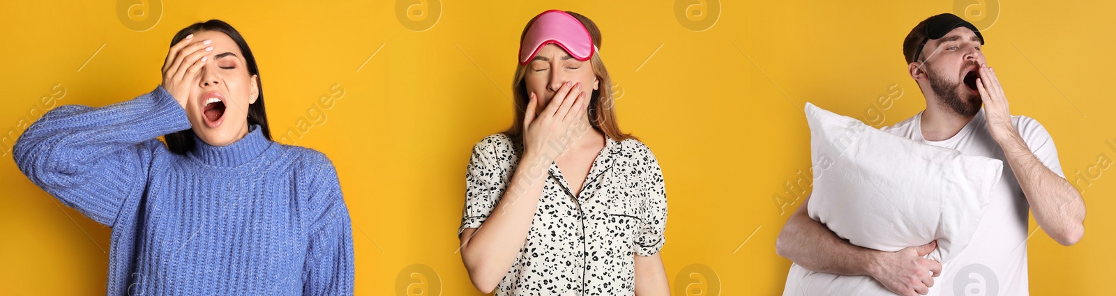 Image of Sleepy people yawning on yellow background, collage. Banner design 