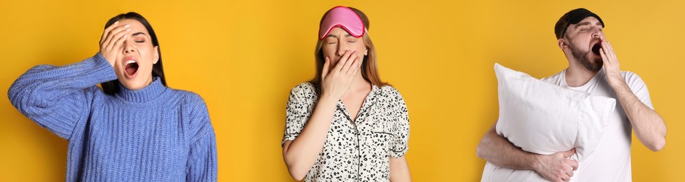 Image of Sleepy people yawning on yellow background, collage. Banner design 