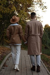 Happy young couple walking in autumn park, back view