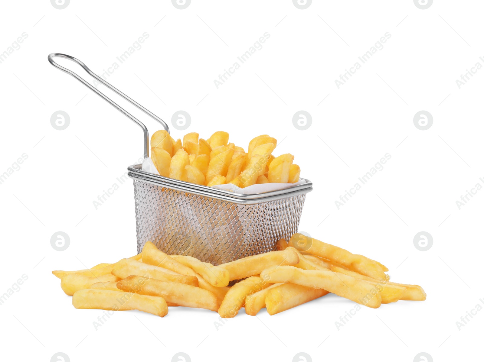 Photo of Delicious French fries and metal basket isolated on white