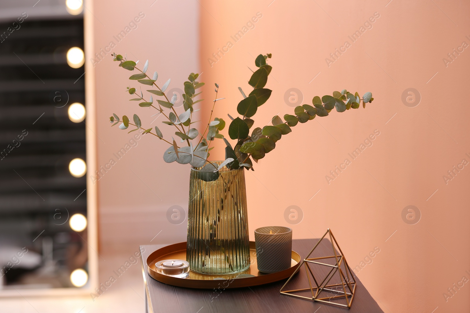 Photo of Vase with fresh eucalyptus branches on cabinet in room. Interior design