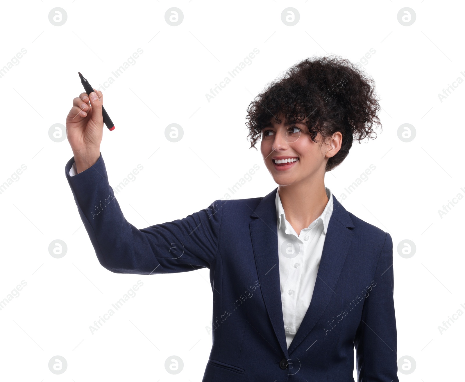 Photo of Beautiful businesswoman in suit with marker on white background