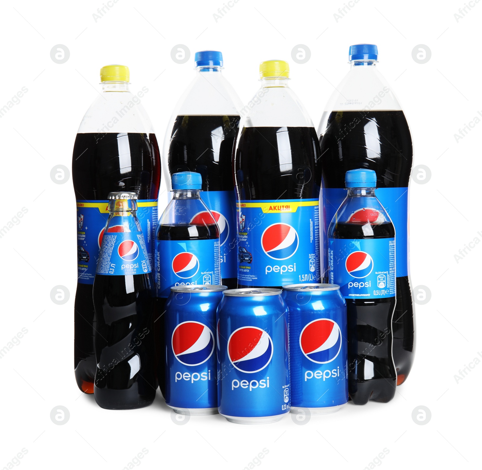 Photo of MYKOLAIV, UKRAINE - FEBRUARY 10, 2021: Different bottles and cans of Pepsi on white background