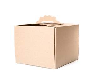 Photo of Cardboard box isolated on white, mockup for design. Food delivery