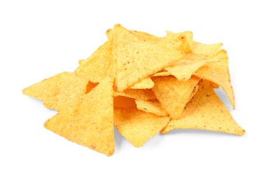 Tasty Mexican nachos chips on white background